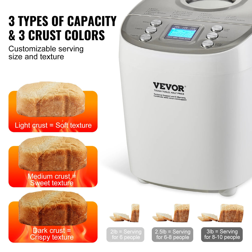 2/3 LB Bread Maker 15-in-1 Dough Machine Nonstick Ceramic Pan Automatic  with Gluten Free Setting