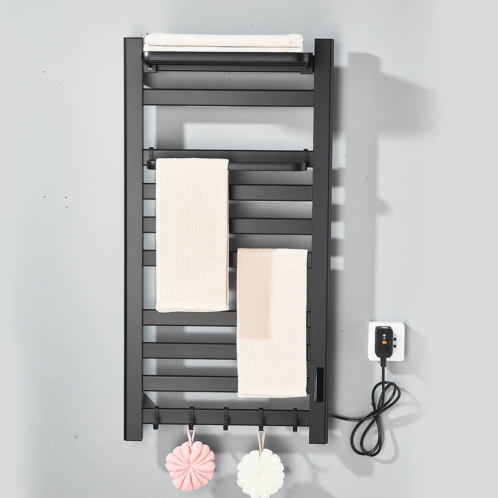 Black Heated Towel Rack, 304 Stainless Steel, Touch Digital Display & Thermostatic Dryer