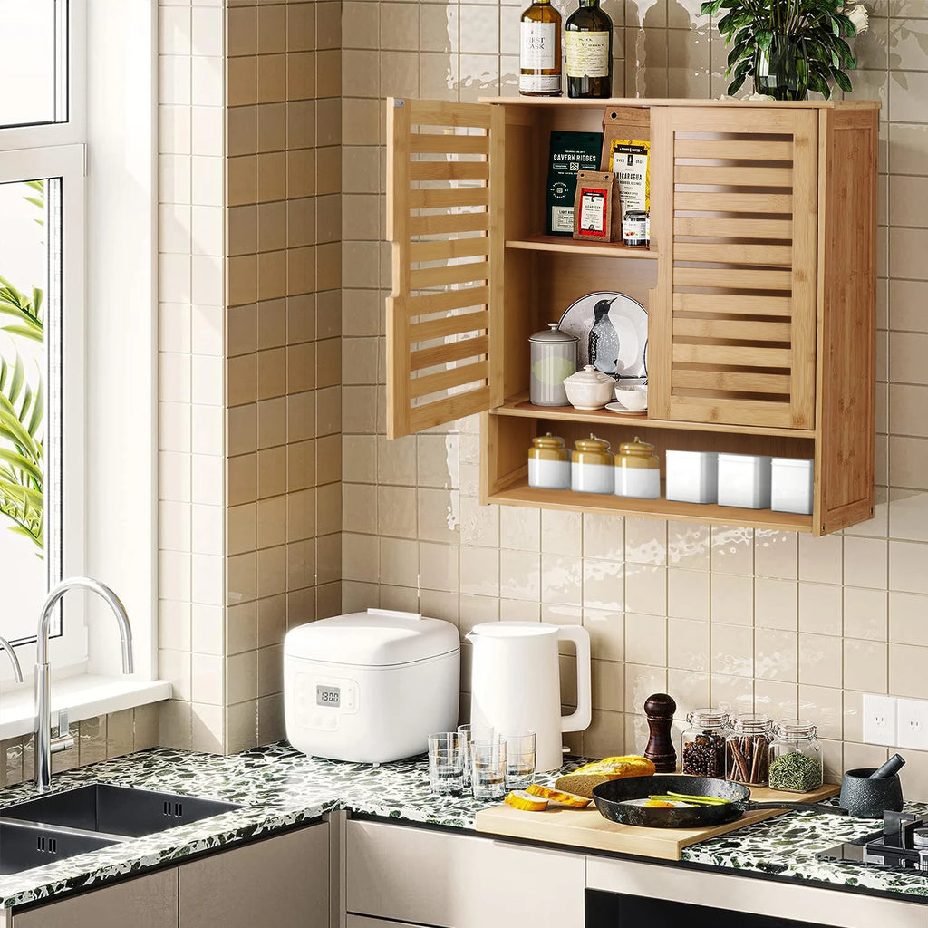 Wall Mounted Bamboo Bathroom Medicine  Cabinet Storage Shelf Cupboard Organizer Rack