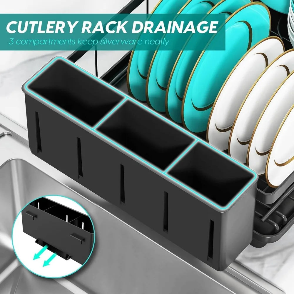 Rustproof Dish Drying Rack with Large 3-Compartment Utensil Holder for Kitchen Sink