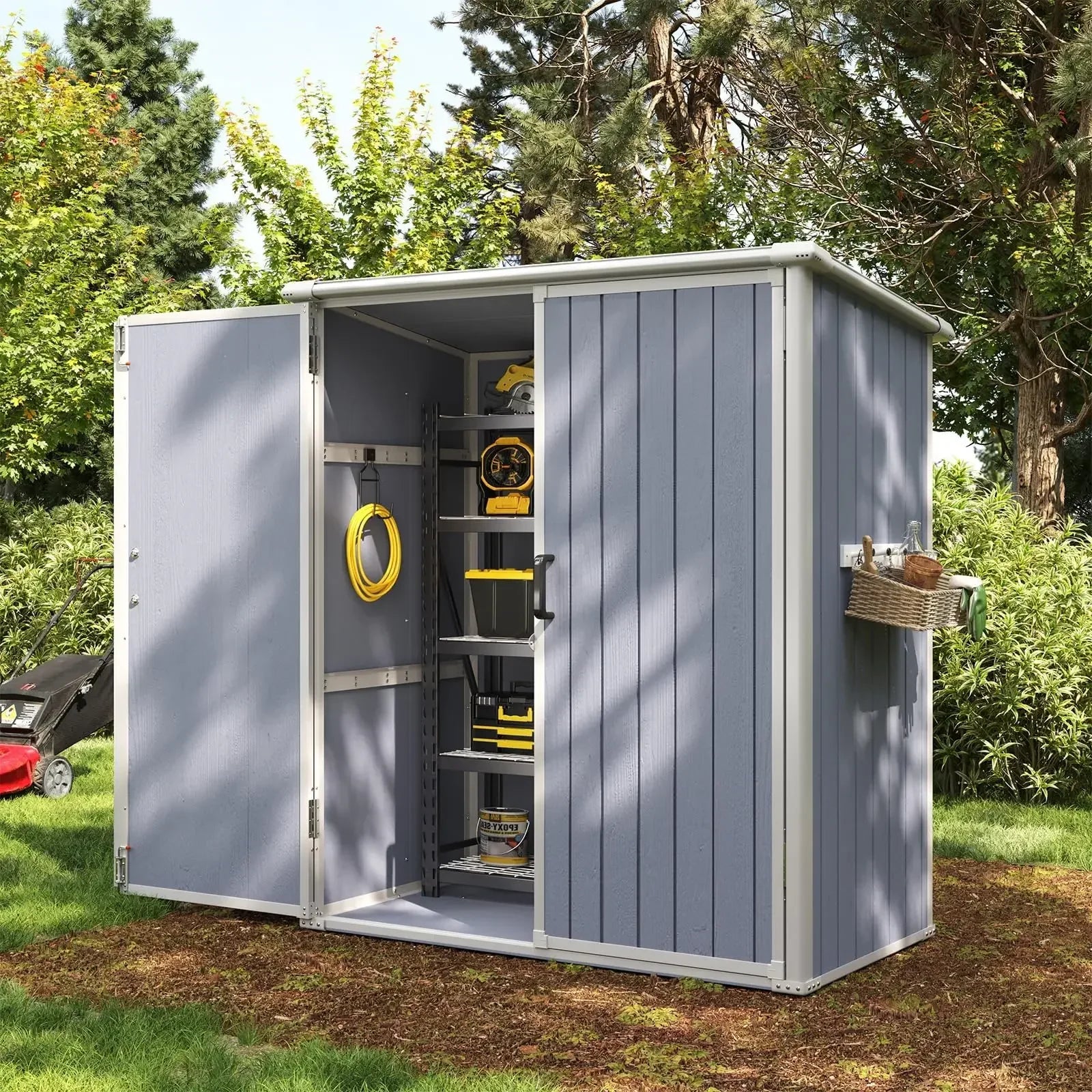 8 x 6 FT Outdoor Storage Resin Shed with Window, Floor & Lockable Doors, Waterproof Plastic Tool