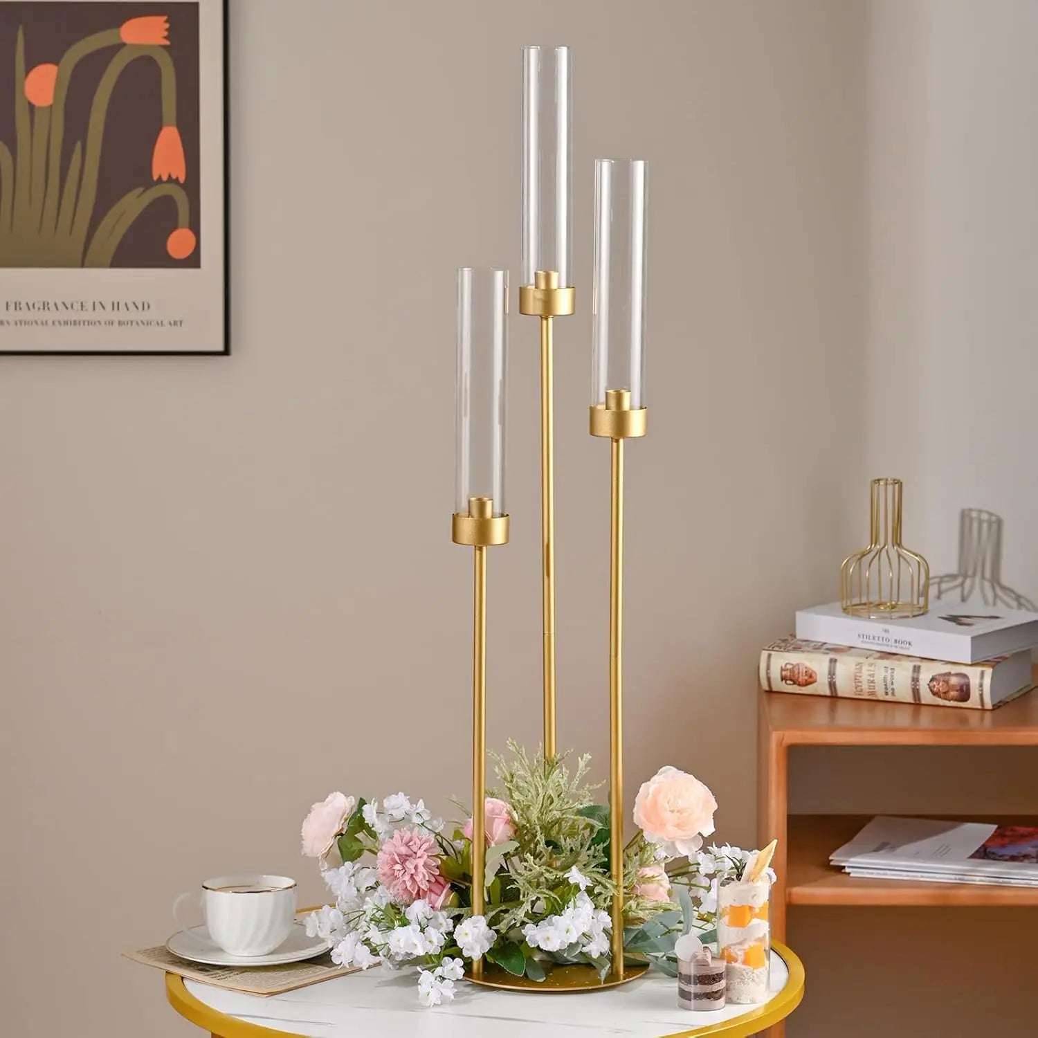 2/4/6/8/10pcs Gold Candelabra 3 Arm Candle Holders for Table