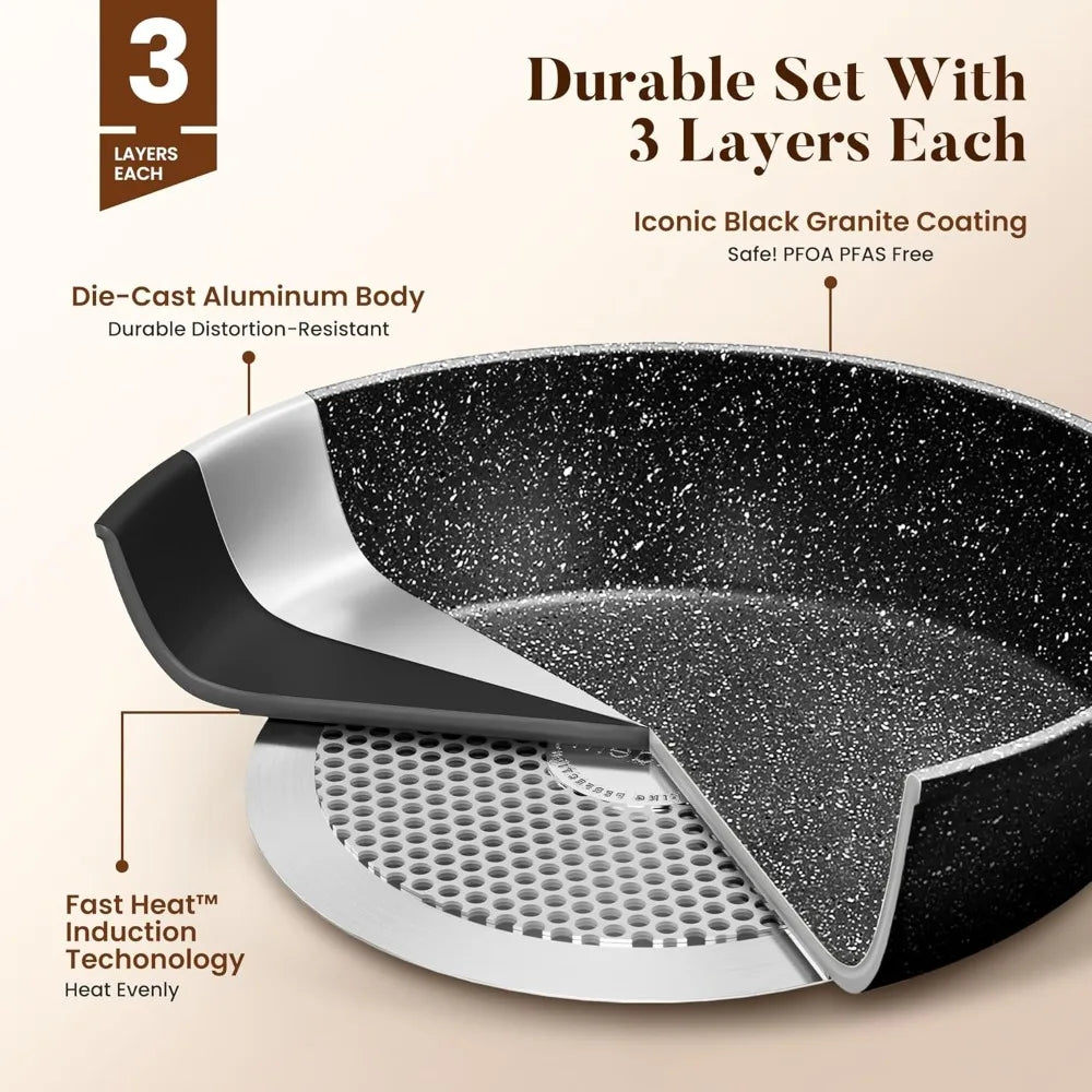 17Pcs Induction Cookware Sets, Granite Pots and Pans Non Stick, Black