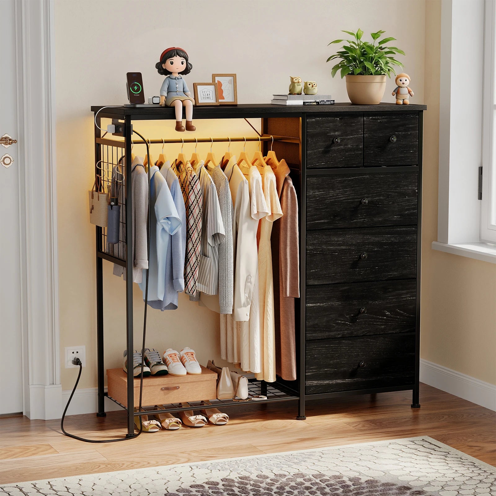 6 Drawer Fabric Dresser with Hanging Rack, Charging Station and LED Lights