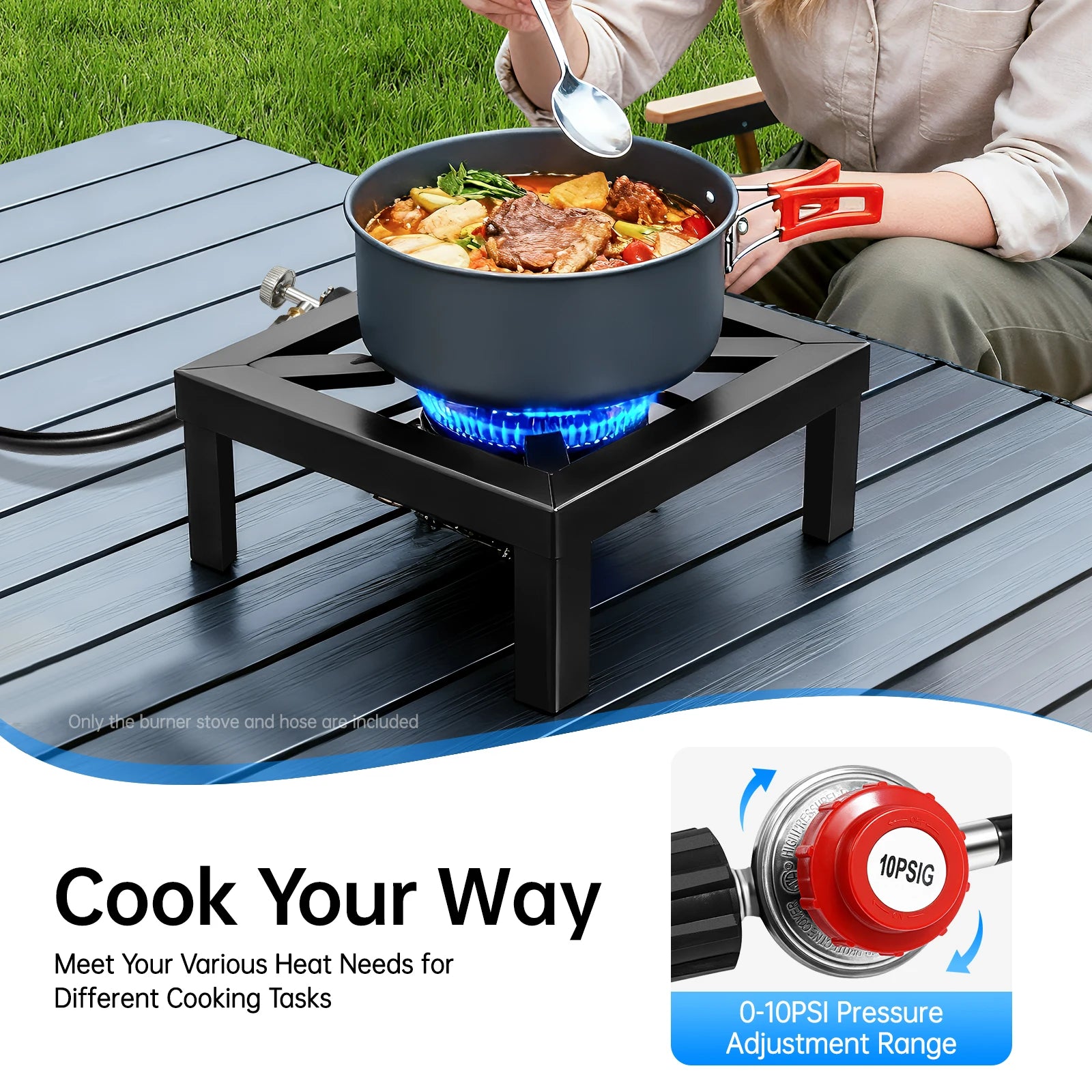 Portable Single Burner Outdoor Gas Stove Propane Cooker with Adjustable 0-10Psi Regulator Hose