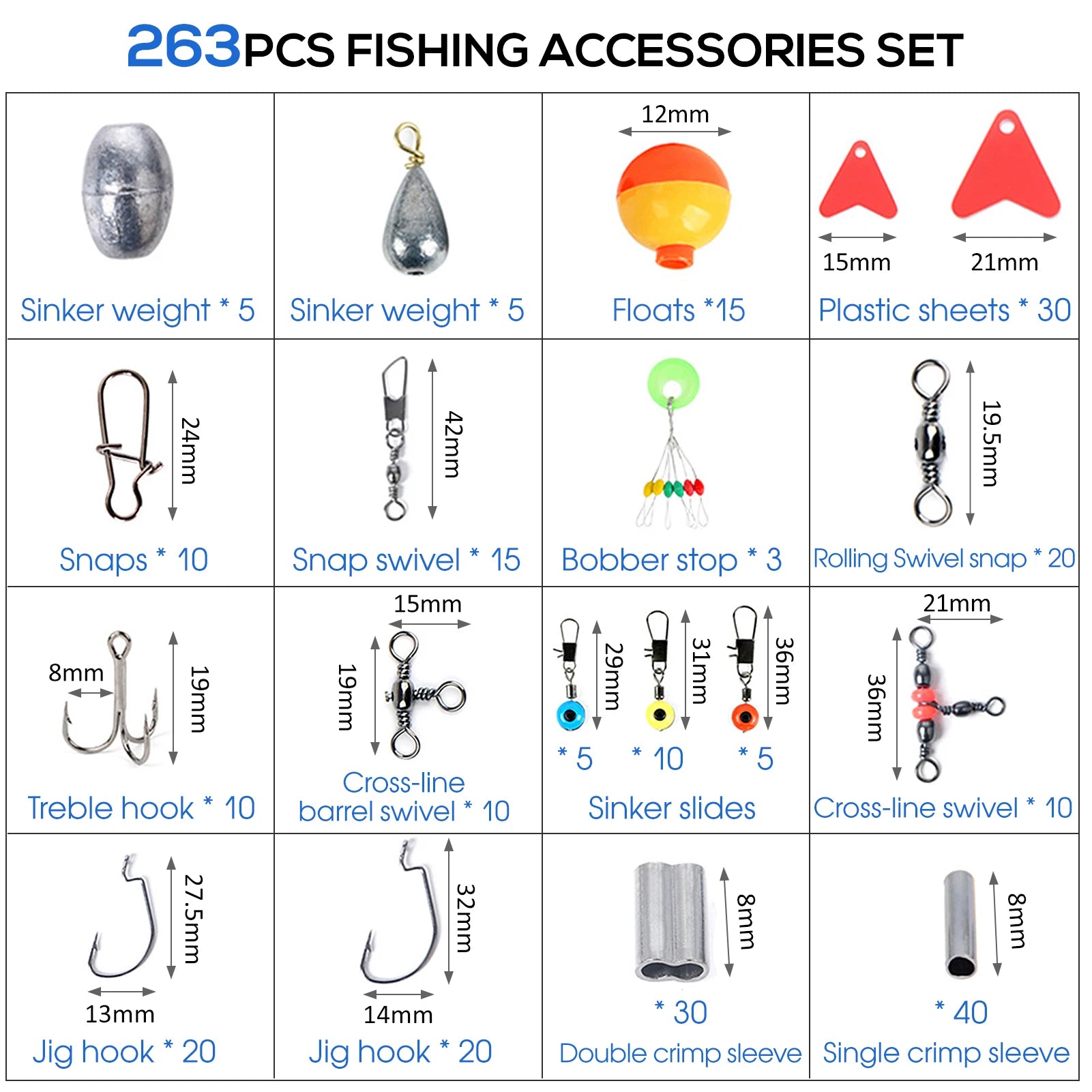 263pcs Fishing Accessories Kit with Tackle Box, Pliers ,Jig Hooks, Sinker Weights, Swivels & Snaps