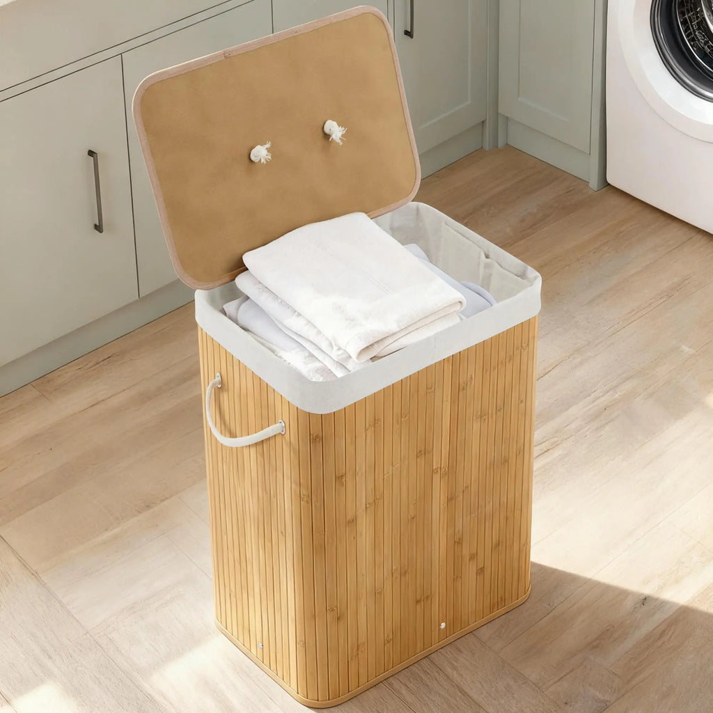 Large 106L Bamboo Laundry Hamper with Removable 4-Section Liner, Lid & Handles