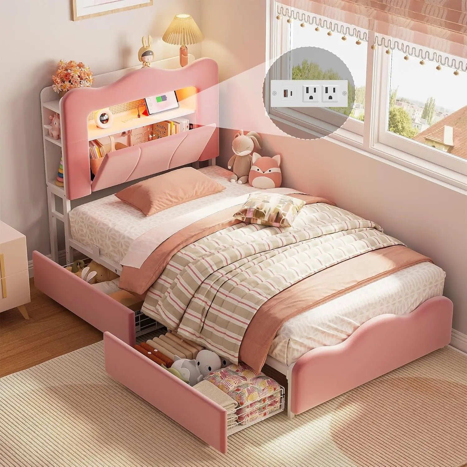 Twin LED Bed Frame ,  Bookcase , Headboard 2 drawers,  Velvet Platform.  Charging Station ,  No Box Spring