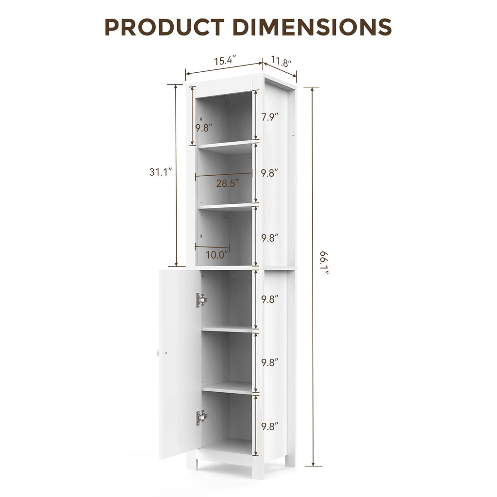 , 66.1 inch  Bathroom Storage Cabinet, Narrow Freestanding Organizer with Adjustable Shelves, Doors, & Anti Tip Design