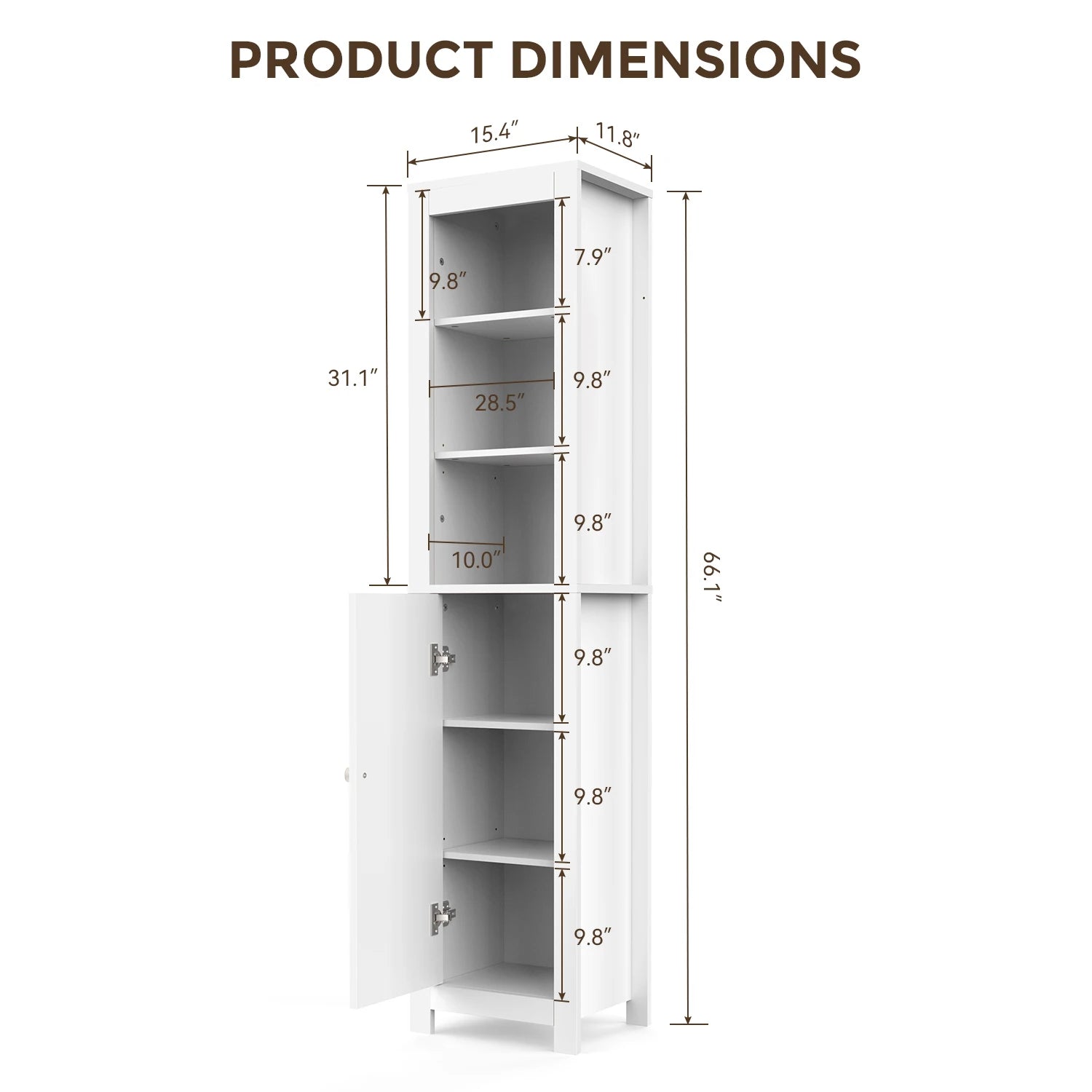 , 66.1 inch  Bathroom Storage Cabinet, Narrow Freestanding Organizer with Adjustable Shelves, Doors, & Anti Tip Design