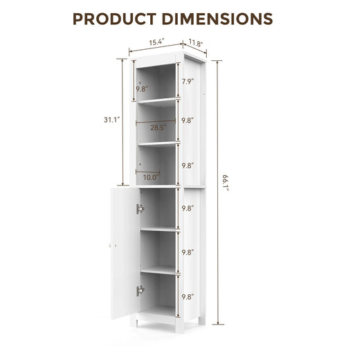 , 66.1 inch  Bathroom Storage Cabinet, Narrow Freestanding Organizer with Adjustable Shelves, Doors, & Anti Tip Design