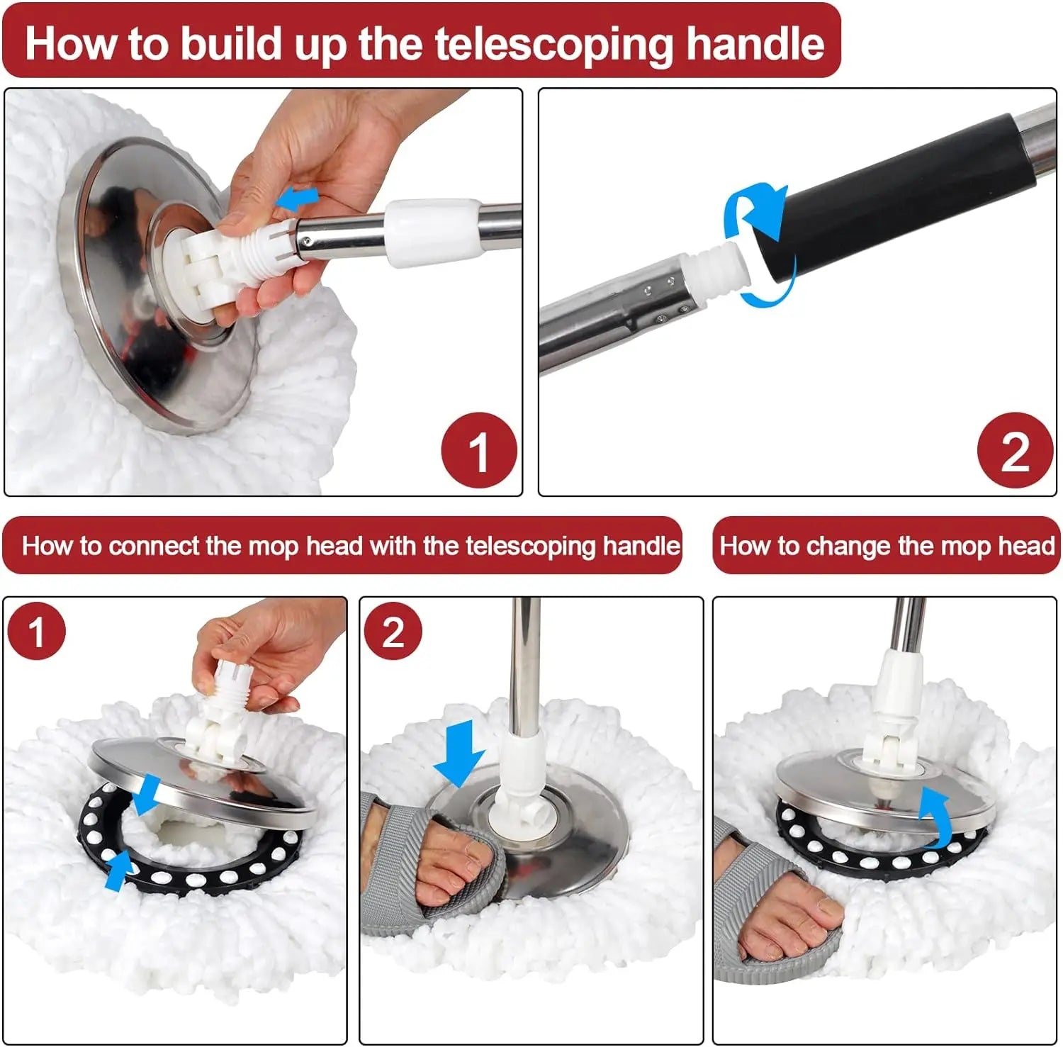 ° Spin Mop Bucket Set with Wringer, Stainless Steel Basket & Rotating Microfiber Mop Head