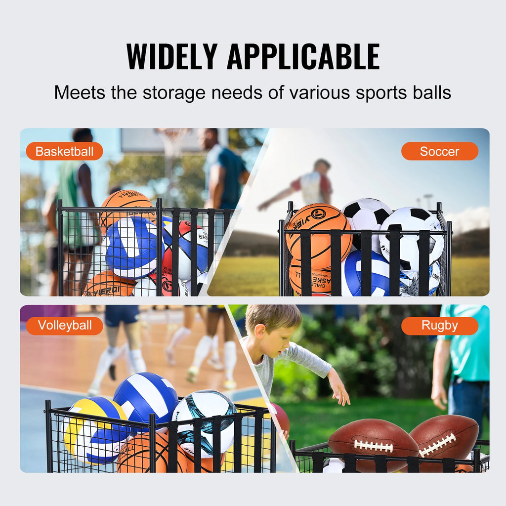 Rolling Sports Ball Storage Cart  Steel Rack for Garages Gym and Schools