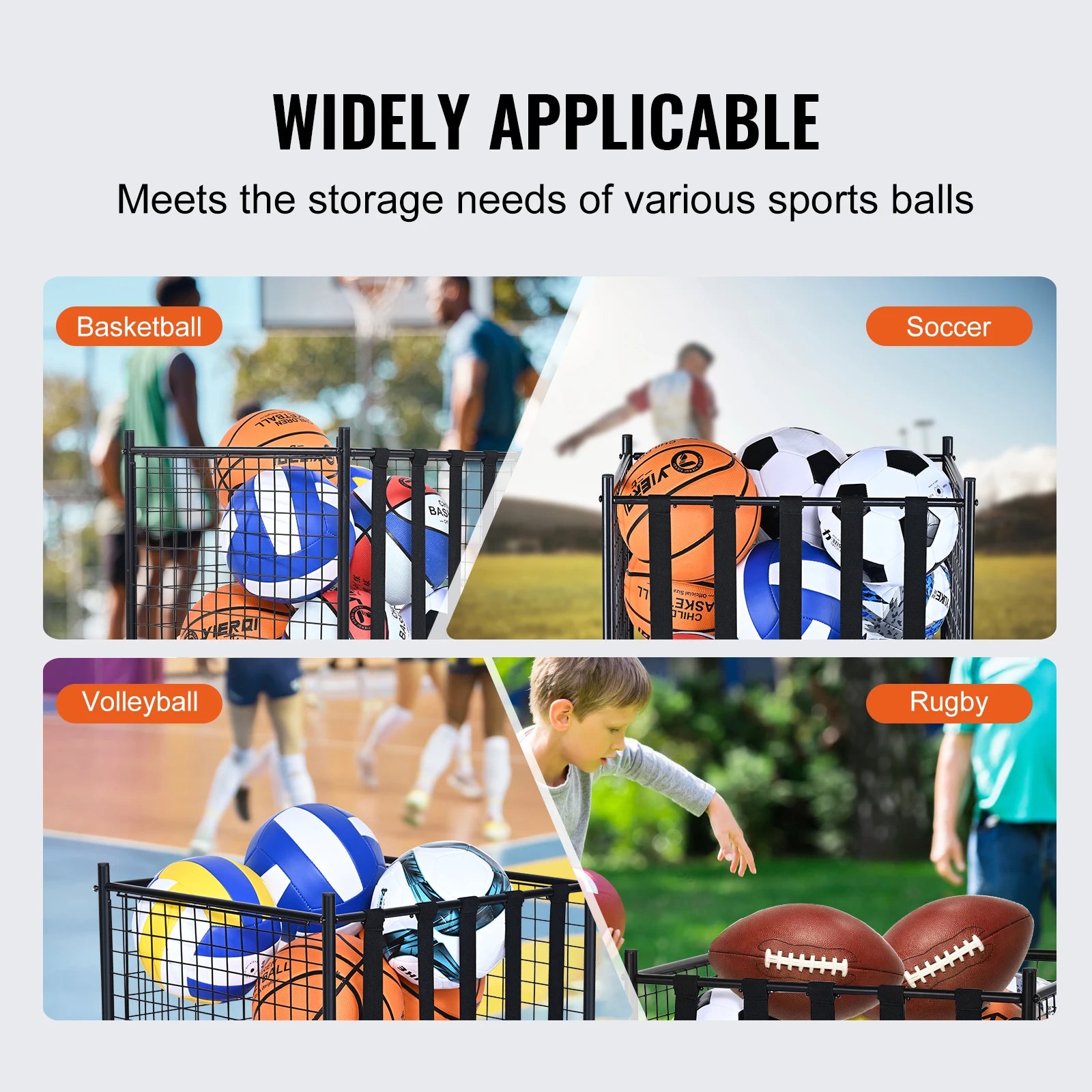 Rolling Sports Ball Storage Cart  Steel Rack for Garages Gym and Schools