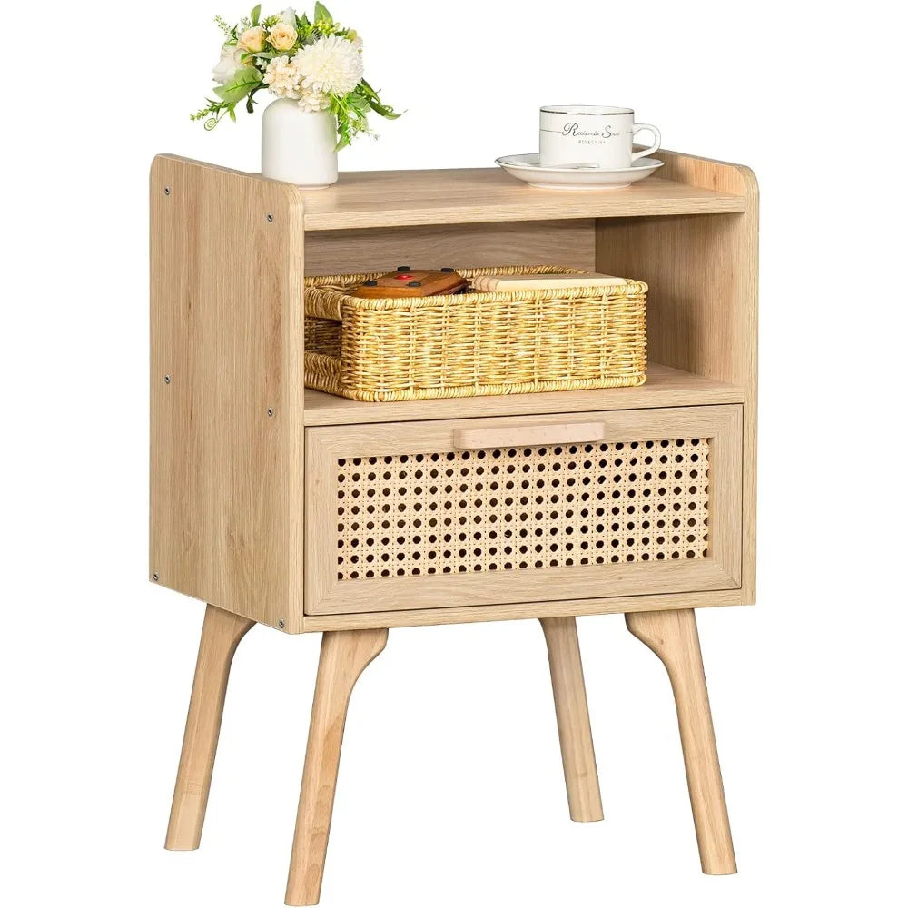 Wooden  Nightstand with Drawer and Open Shelf Solid Wood Legs Ideal  for Bedroom Dorm Small Space