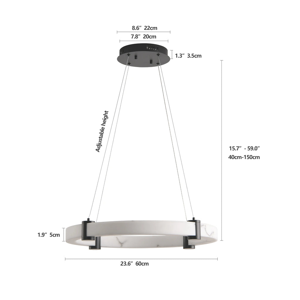 , 23.6" Pendant  Chandelier  Pendant Chandelier Imitation Marble Finish Resin Ring Light, Adjustable Hanging Ceiling Lamp
