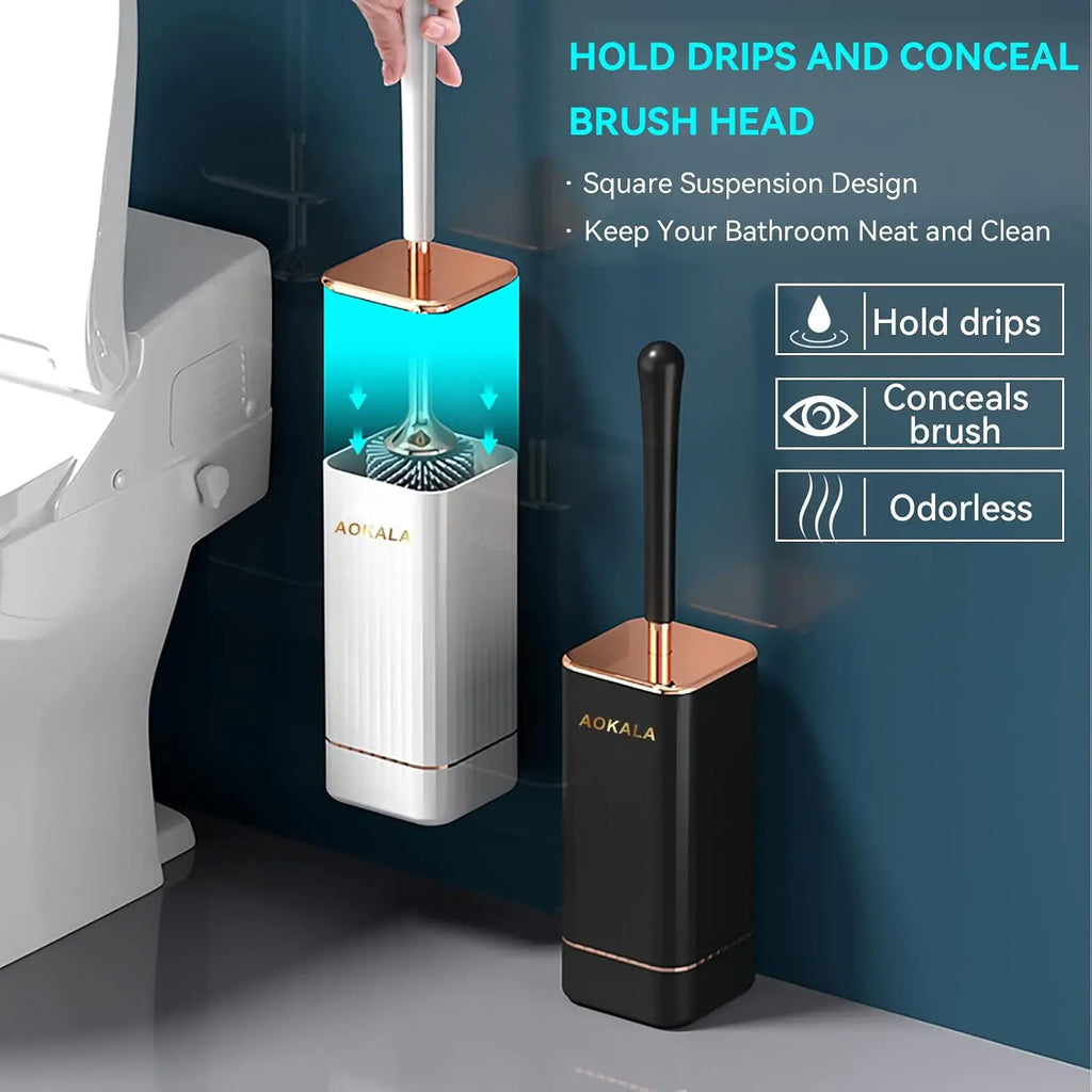 2-Pack Silicone Toilet Brush and Holder,  Long Ergonomic  Handles, Deep Cleaning - Black & White