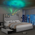 LED Bed Frame w/ Galaxy Aurora Star Projector,  Charging Station, Platform Beds with 52" Diamond Upholstered