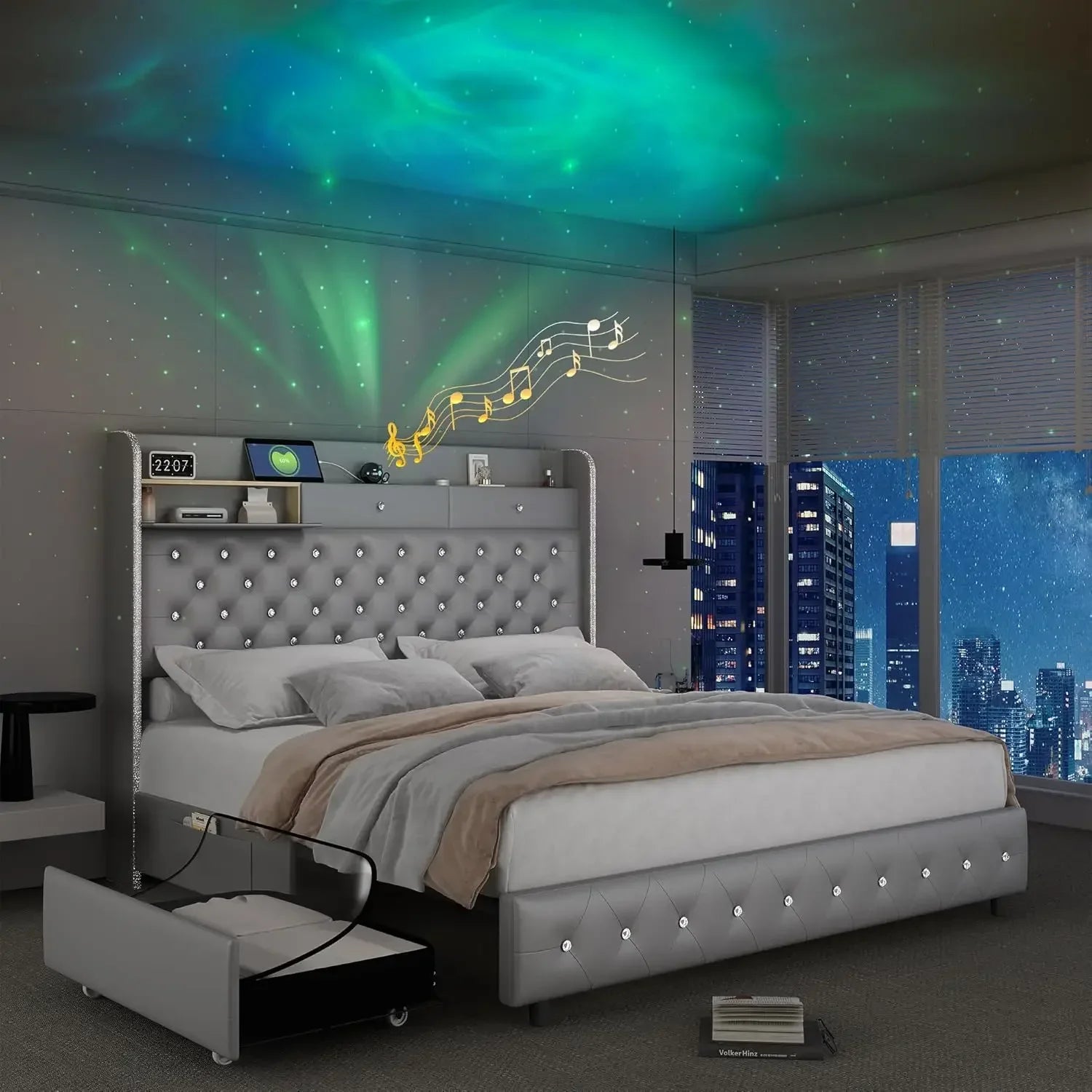 LED Bed Frame w/ Galaxy Aurora Star Projector,  Charging Station, Platform Beds with 52" Diamond Upholstered
