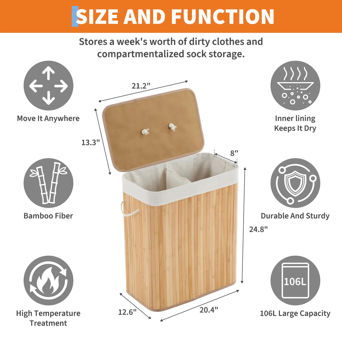 Large 106L Bamboo Laundry Hamper with Removable 4-Section Liner, Lid & Handles