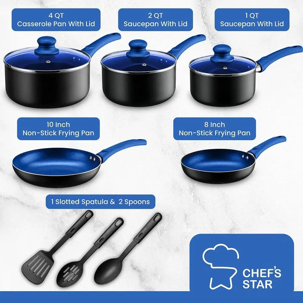 11 piece Blue Pots & Pan Aluminum Cookware Set, Nonstick