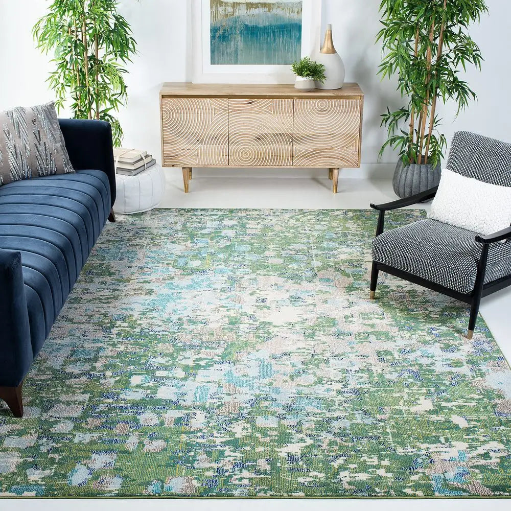Area Rug 12 x 15, Green amp Turquoise, Boho Abstract Distressed Design, No Shedding , Easy Care,