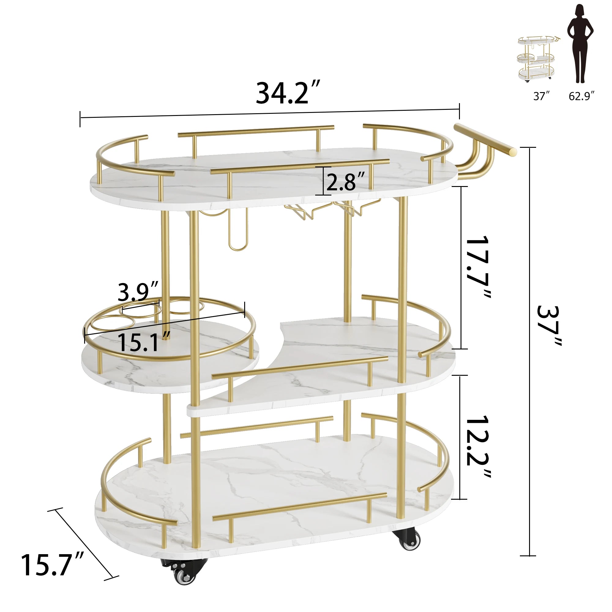 Gold Mobile  Bar Carts with 4-Tiers Storage Serving Shelves Cart On Wheels  and Glass Holder