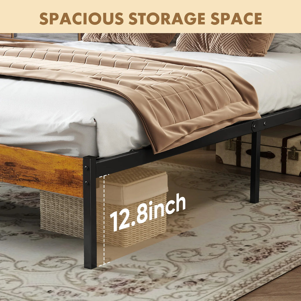 Wooden Headboard and Metal Platform Bed Frame No Box Spring Needed , 700LBS Sturdy Wooden Slats Support