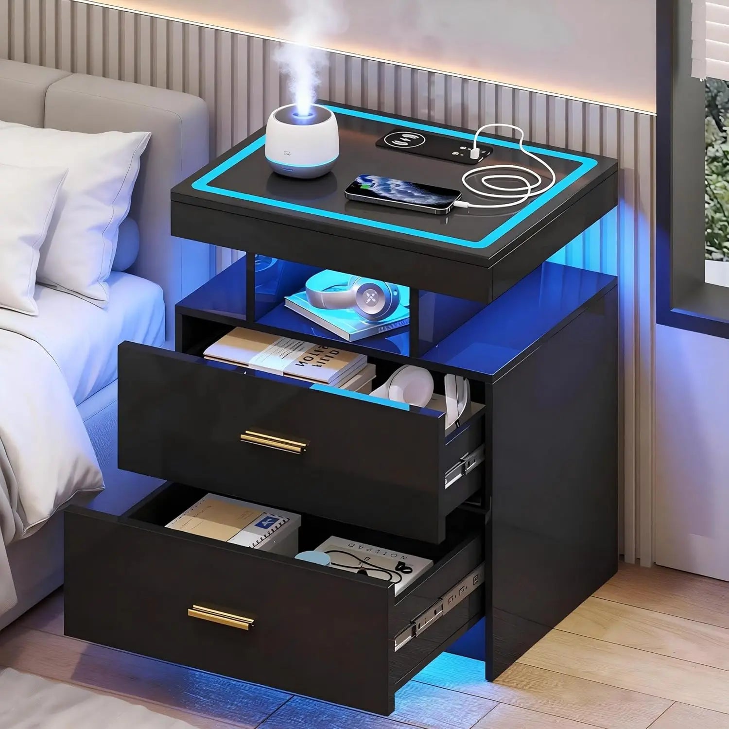 Nightstands with Wireless Charging , Auto Sensor 3 Color Dimmable LED