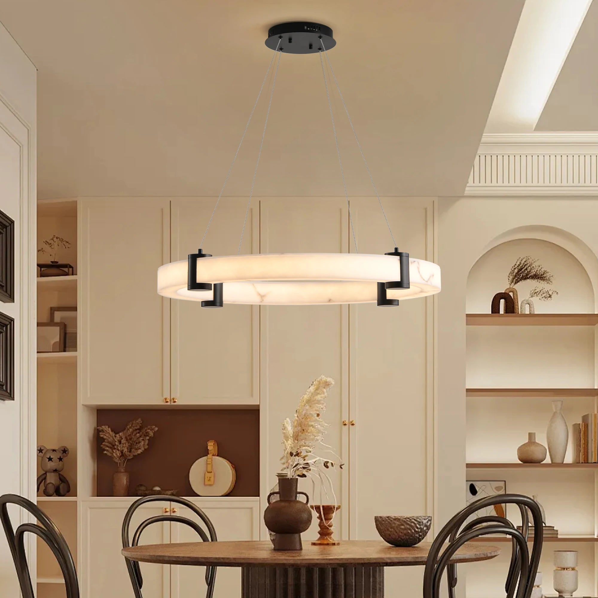 , 23.6" Pendant  Chandelier  Pendant Chandelier Imitation Marble Finish Resin Ring Light, Adjustable Hanging Ceiling Lamp