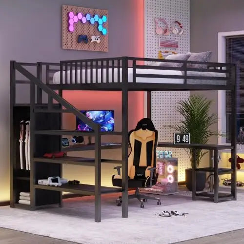 Queen  Metal Loft Bed with Stairs,  Storage, Wardrobe,& Bedside Shelf