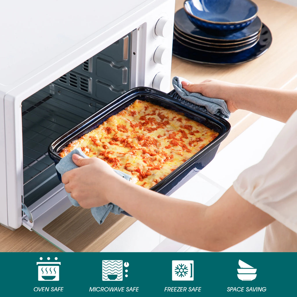 3.8L Blue Stoneware  Casserole Baking Dish with Lid Large Lasagna Pan,  Microwave Safe