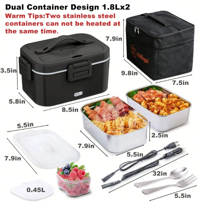 Electric Heated Lunch Box, 1.8l Stainless Steel Food Warmer, Leakproof, with Insulated bag