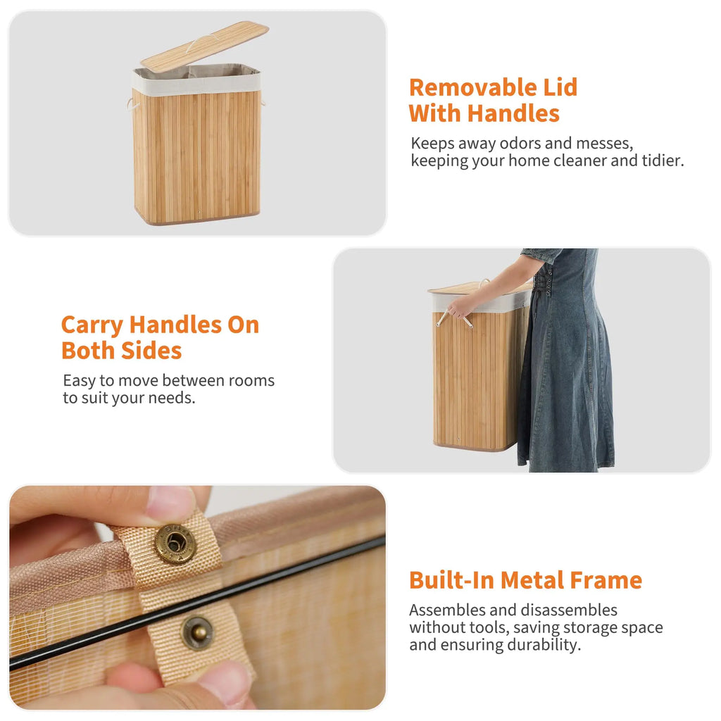 Large 106L Bamboo Laundry Hamper with Removable 4-Section Liner, Lid & Handles