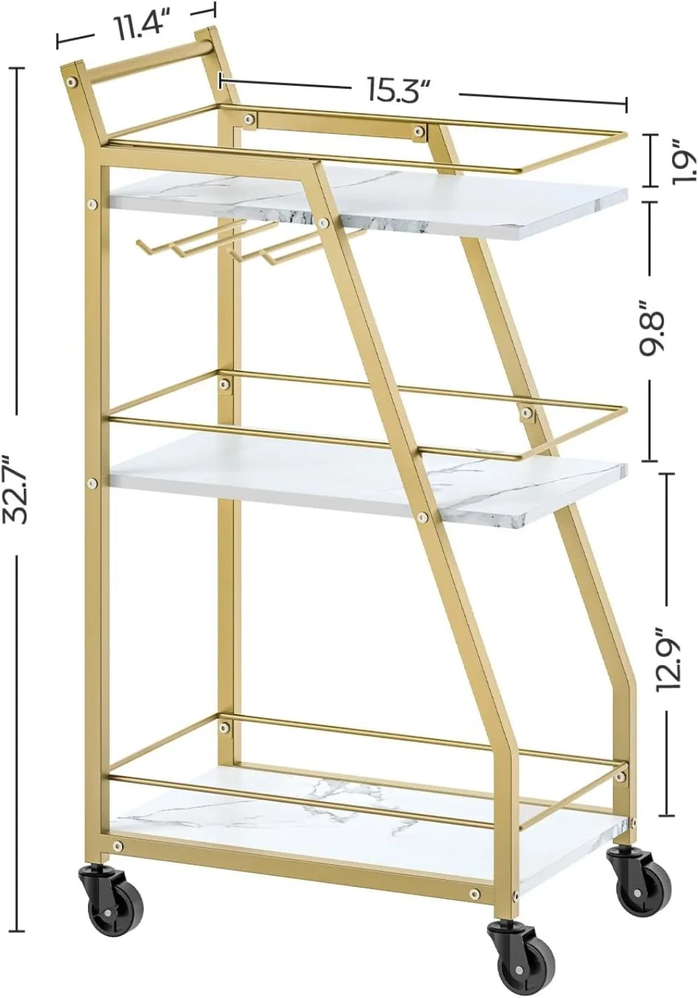 3-Tier Bar Cart with Wheels, Gold Drink Cart for Home,