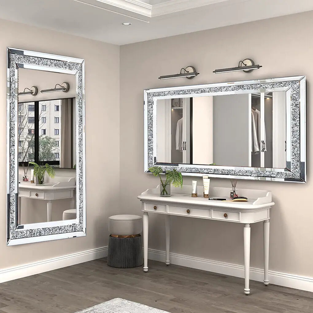 LUVODI Large Silver Rhinestone Vanity Mirror Frameless Crystal Diamond Wall Mirror for Bedroom, Bathroom.