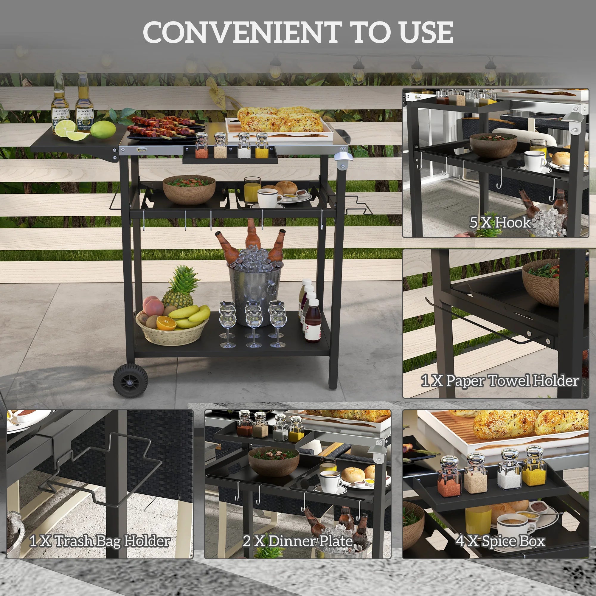 Outdoor Bar Table w/ 2-Tier Shelf, Serving Cart w/ Wheels