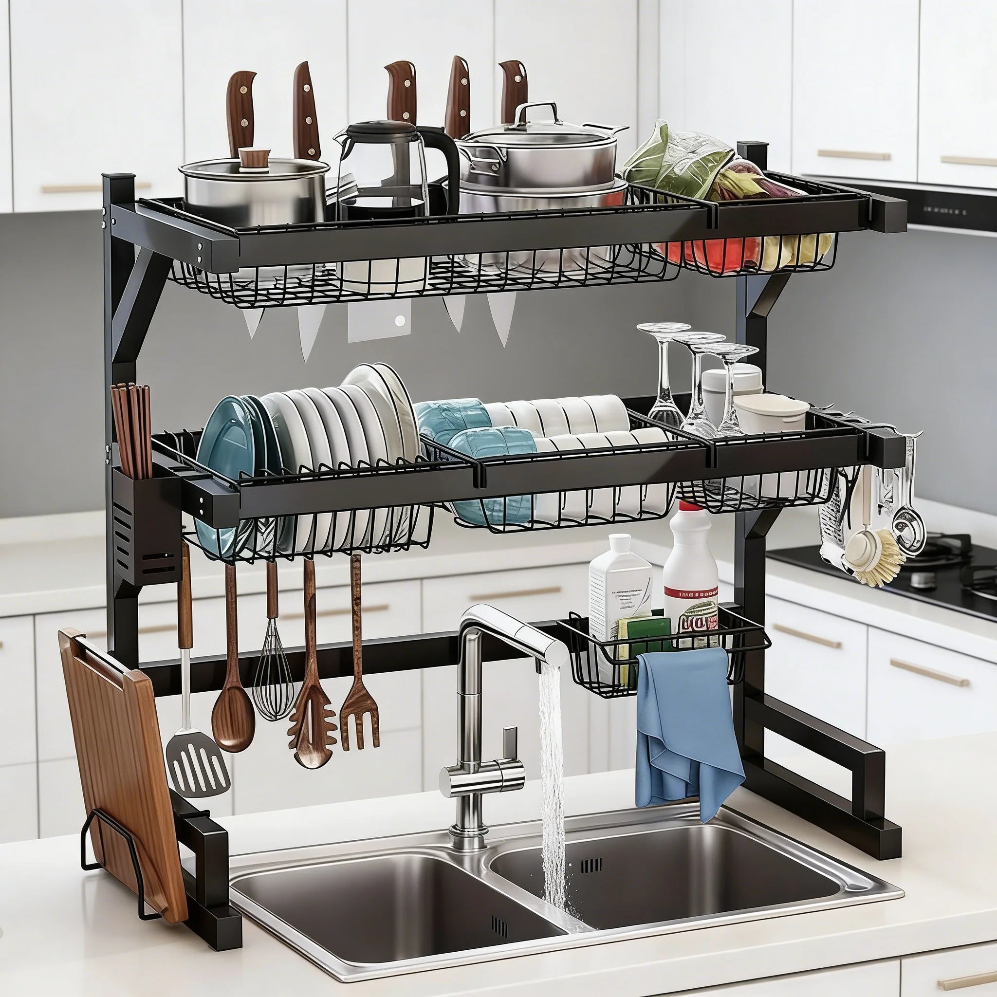 Space-Saving Over Sink Kitchen dish Drying Rack , Adjustable Shelves , Utensil Holder