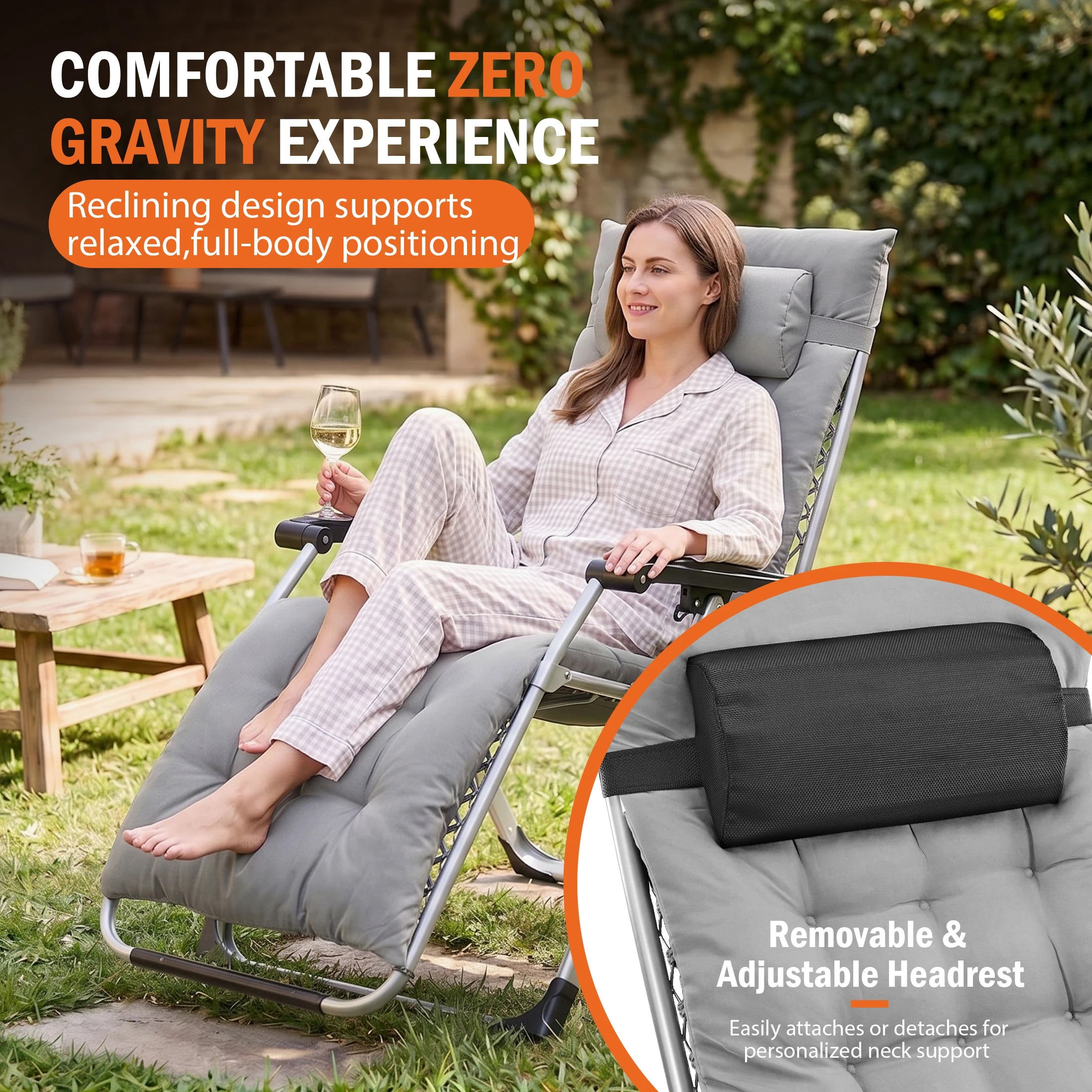Reclining Camping Lounge Chair Soft Cushion Patio Chairs with Cup Holder Trays and Removable Cushion Folding