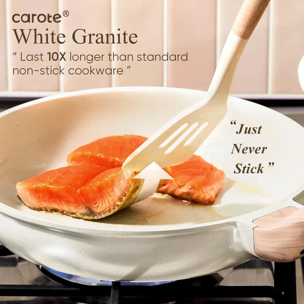 White Granite 21-Piece  Induction  Non Stick  Cookware Set w/Frying Pans