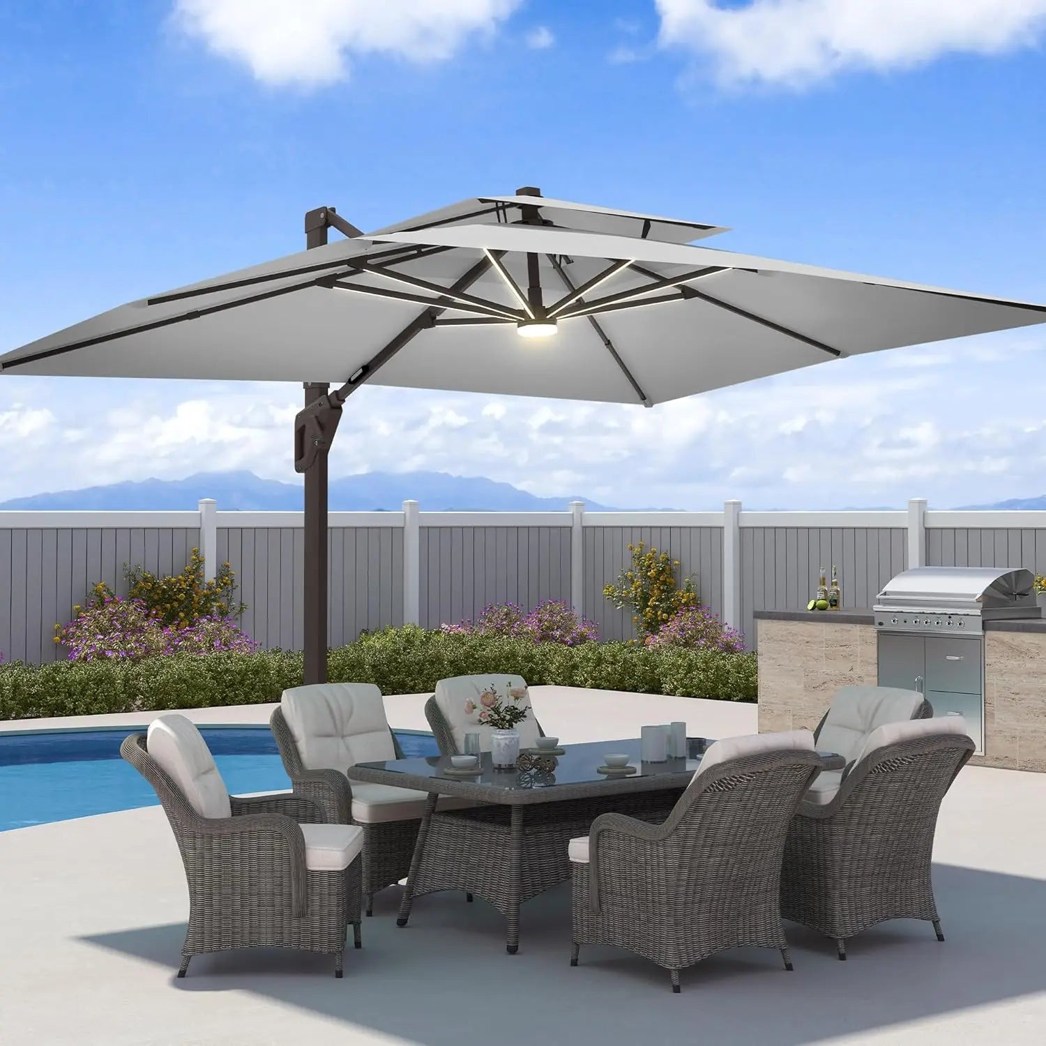 9x12 FT Offset  Patio Umbrella with LED Lights  Rectangle Aluminum