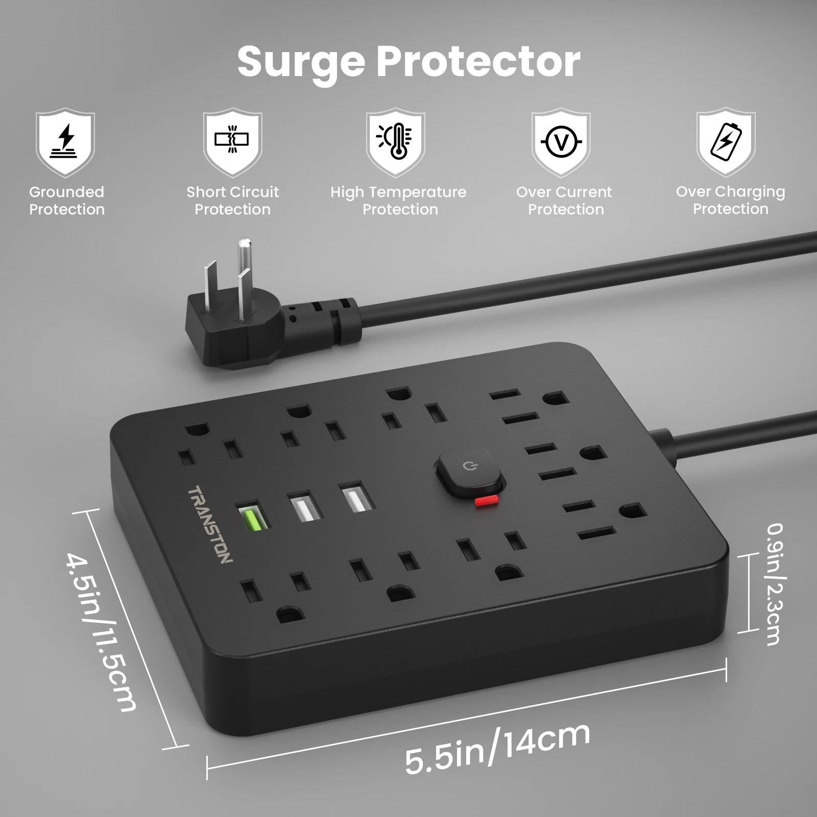 5-Foot  power strip  Outlet with Surge Protector, 9 ac, 3 USB Ports, Extension Cord, Quick Charge,