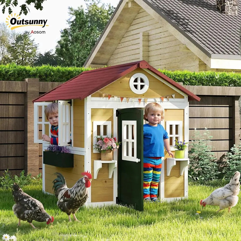 Children's Wooden Playhouse with Doors, Windows, and Planters,