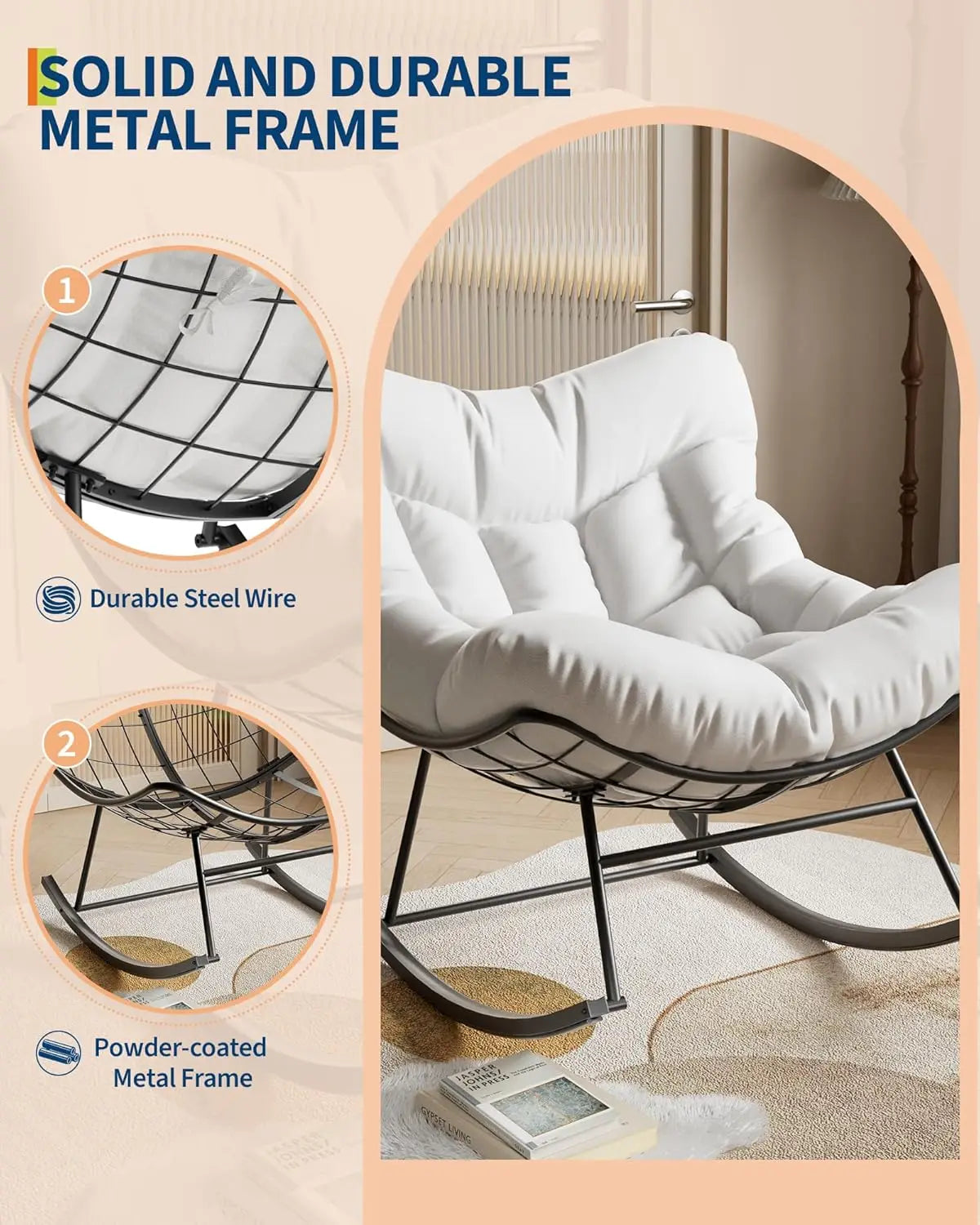 Outdoor Oversized Papasan Rattan Egg  Rocking Chair with Footrest, For, Patio ,  Balcony, Backyard ,Porch, Bedroom.