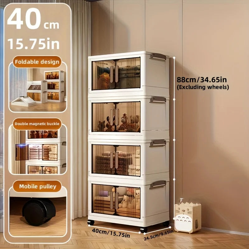 3/4-Tier Stackable Heavy Duty Plastic Folding Cabinet with Lid & Wheels