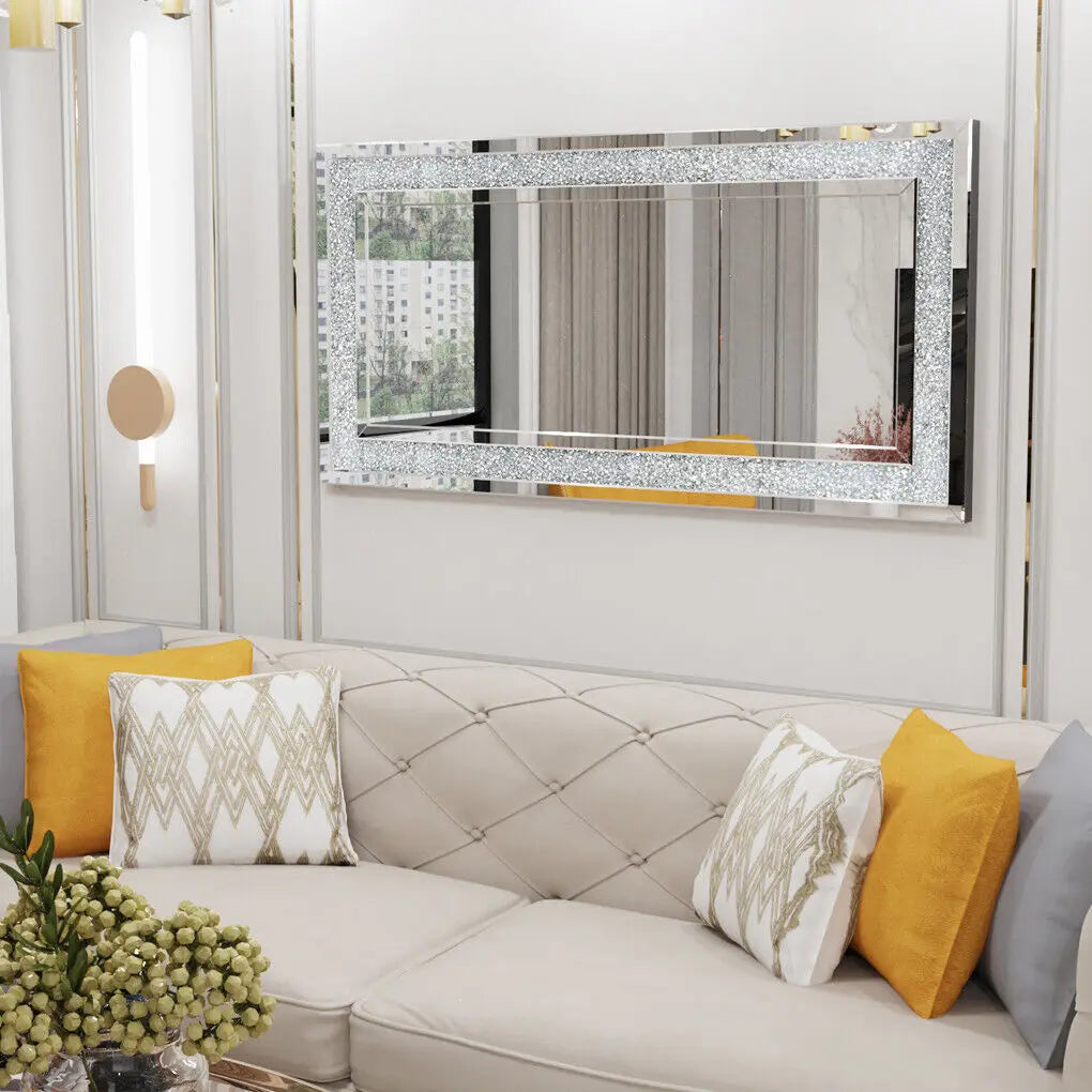 LUVODI Large Silver Rhinestone Vanity Mirror Frameless Crystal Diamond Wall Mirror for Bedroom, Bathroom.
