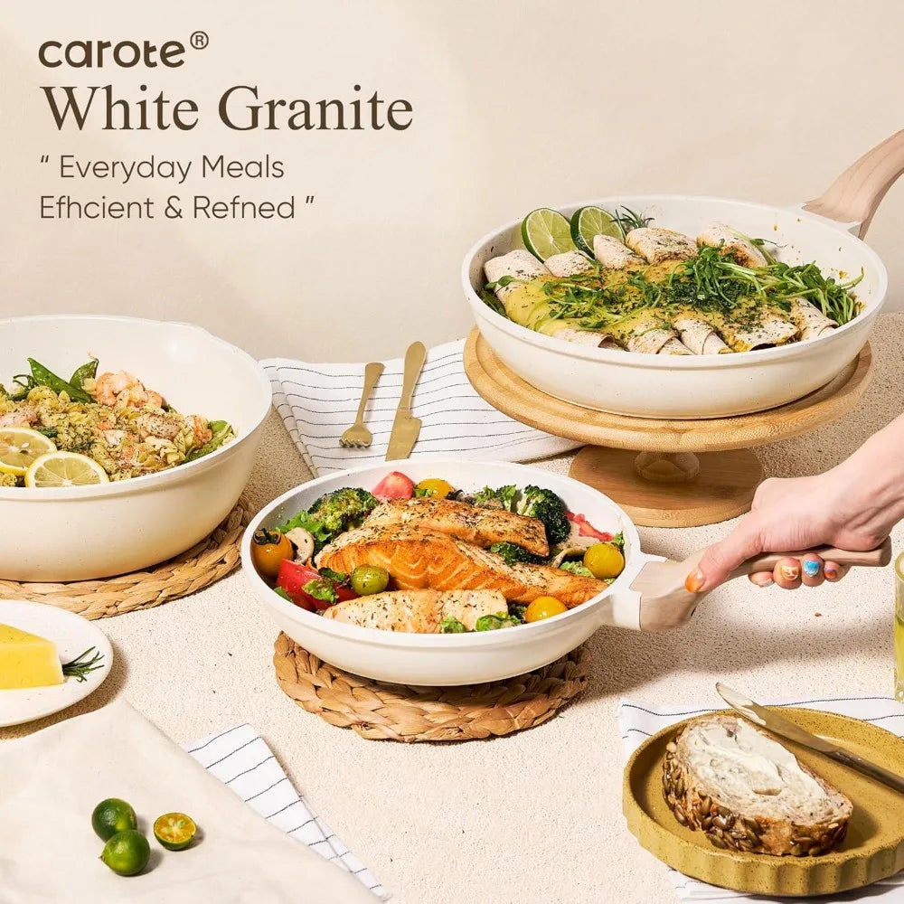 White Granite 21-Piece  Induction  Non Stick  Cookware Set w/Frying Pans