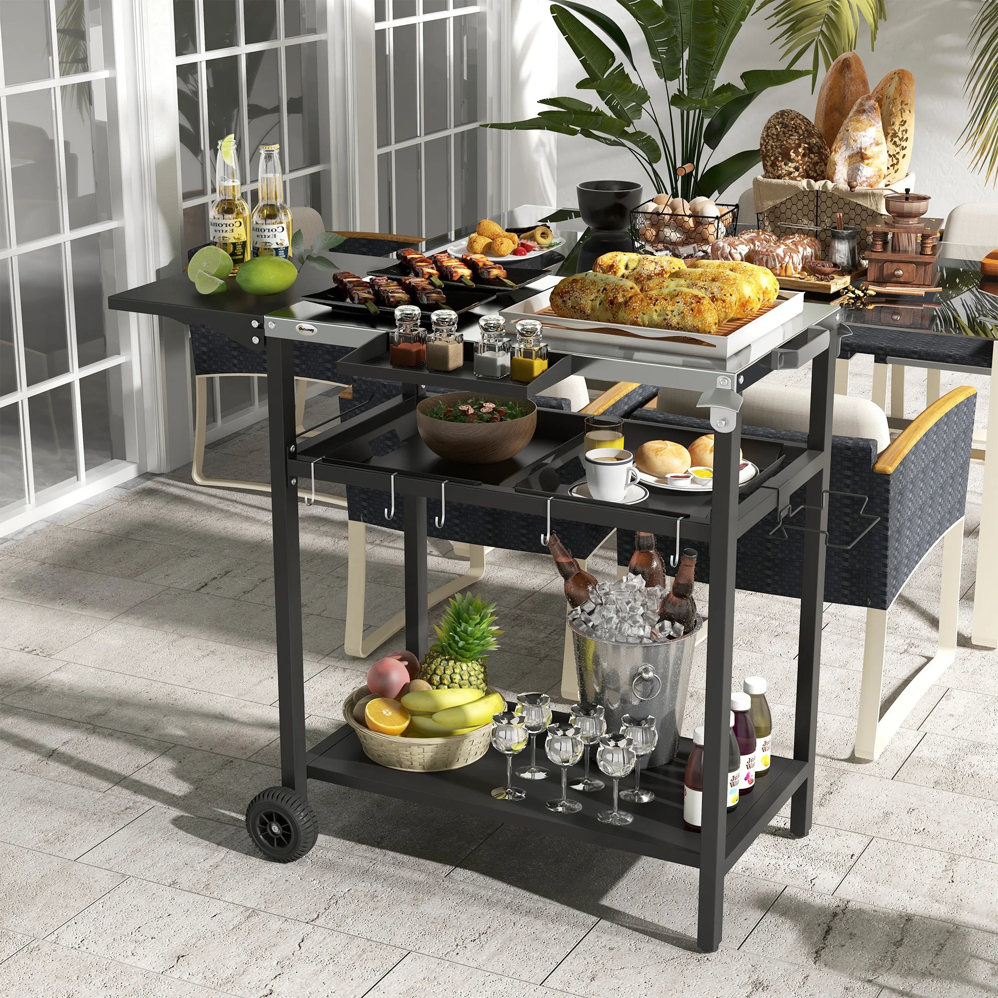 Outdoor Bar Table w/ 2-Tier Shelf, Serving Cart w/ Wheels