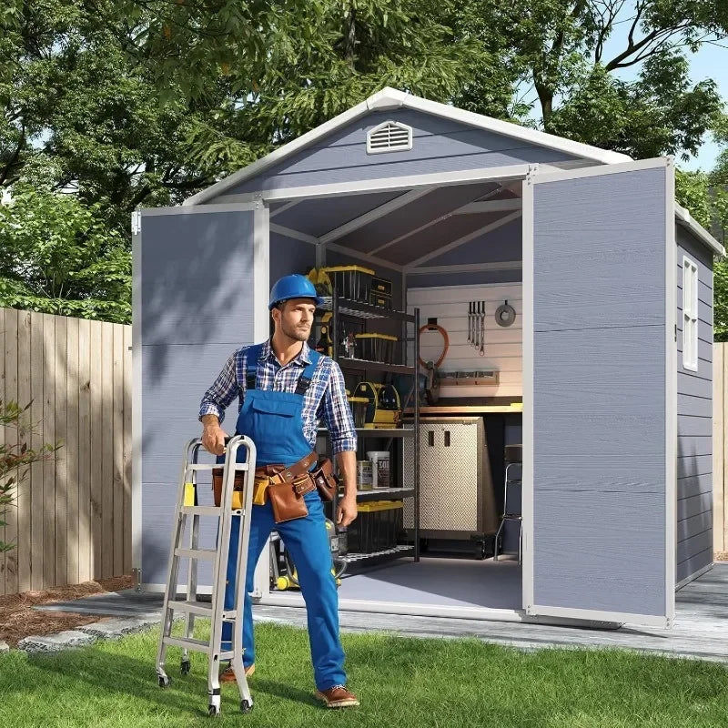 8 x 6 FT Outdoor Storage Resin Shed with Window, Floor & Lockable Doors, Waterproof Plastic Tool