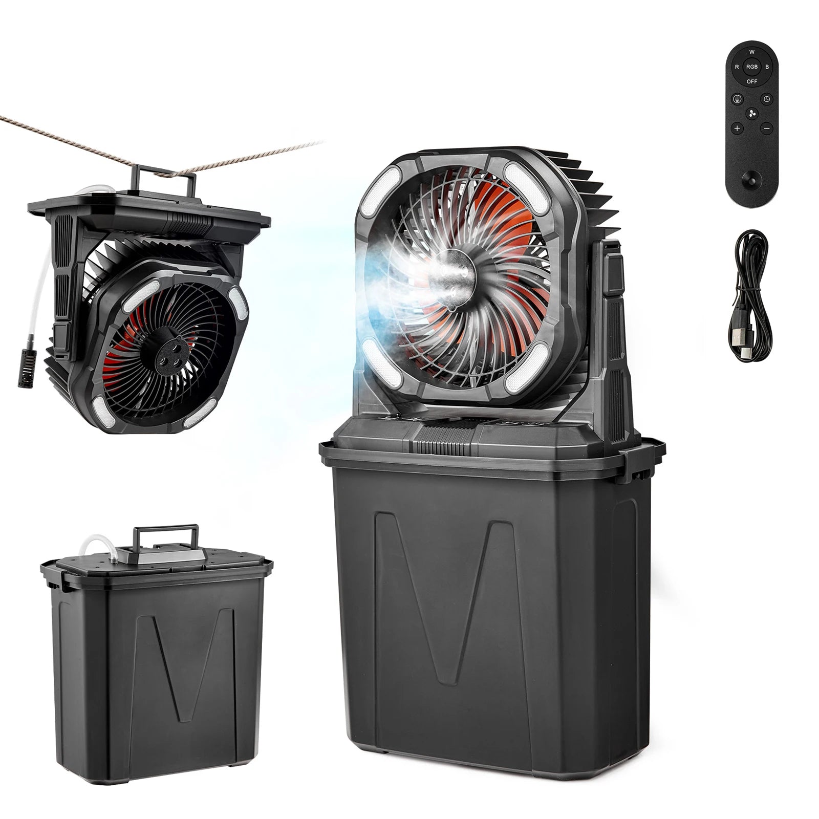 Portable Misting Fan High Speed Motor Large Water Tank Rechargeable Battery with Remote Light Modes